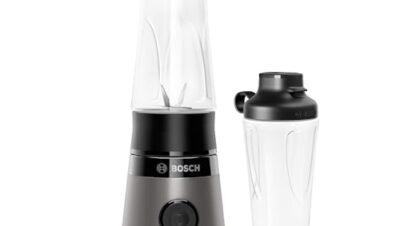 Bosch VitaPower Series 2 Mini Blender MMB2111S, High Speed Mixer, up to 40,000 rpm, Tritan ToGo Bottle 0.6 L, Drinking Lid, Shatterproof, Dishwasher-Safe Parts, 450 W, Silver/Black