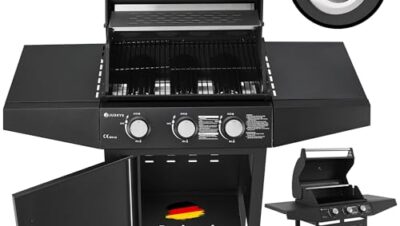 Broilcue Louisiana BBQ Gas Barbecue 3 Burners 8.1 kW Gas Grill Trolley incl. Grill Grate, Lid with Grill Thermometer, Warming Rack and Side Shelves