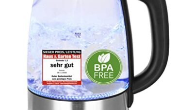 Emerio WK-119988 Glass Kettle, 1.7 Litre, 2200 Watt, LED Interior Lighting, 360 ° Base, Silver