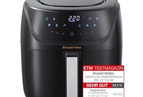 Russell Hobbs SatisFry 27170-56 Hot Air Fryer XXL 8L Rapid AirFryer Compact Housing 7 Cooking Functions 10 Programmes Dishwasher Safe Max 220 °C Fryer without Oil, Grilling, Baking, Roasting